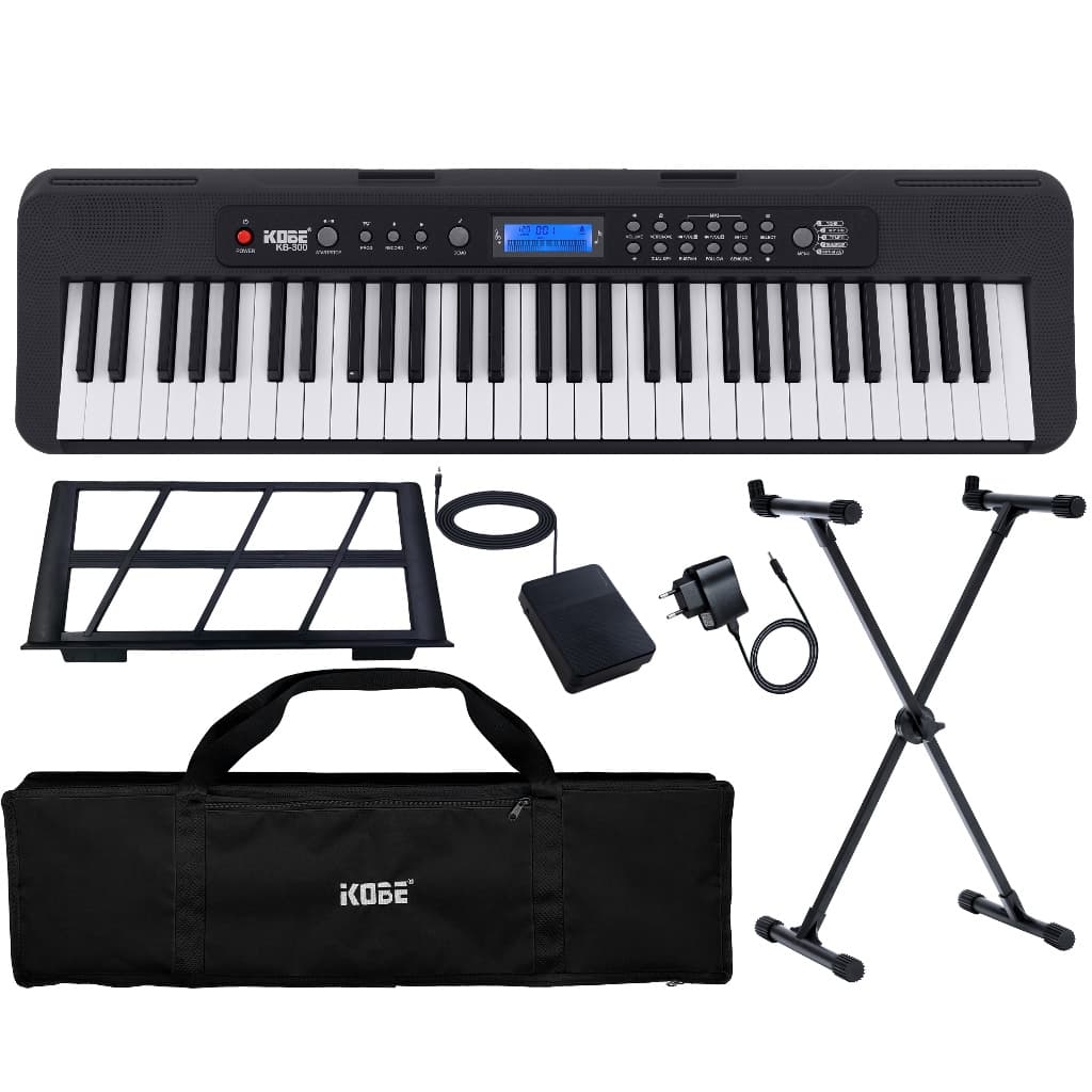 Kit Teclado Musical Digital Kobe KB-300 5/8 61 Teclas Sensitivas Pedal Sustain Capa Preta e Suporte