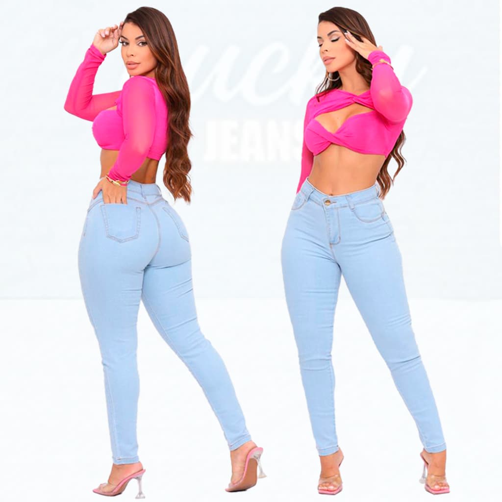 Calça Jeans Feminina Skinny Azul Clara Cristal Levanta bumbum com  Lycra cintura alta