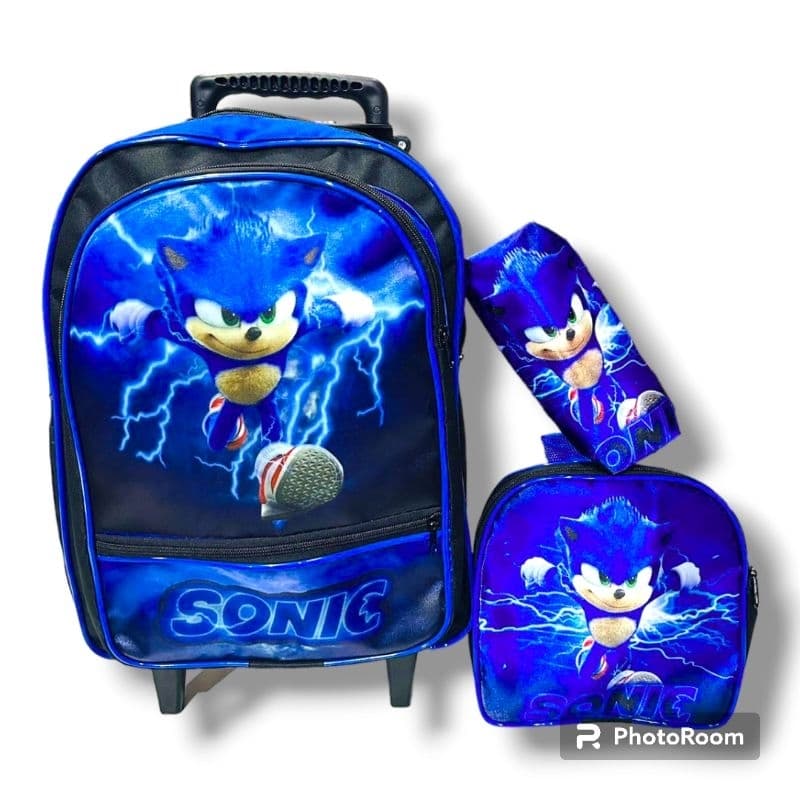 Kit Mochila Infantil Escolar com Rodinhas de Silicone do Menino Sonic + Lancheira + Estojo