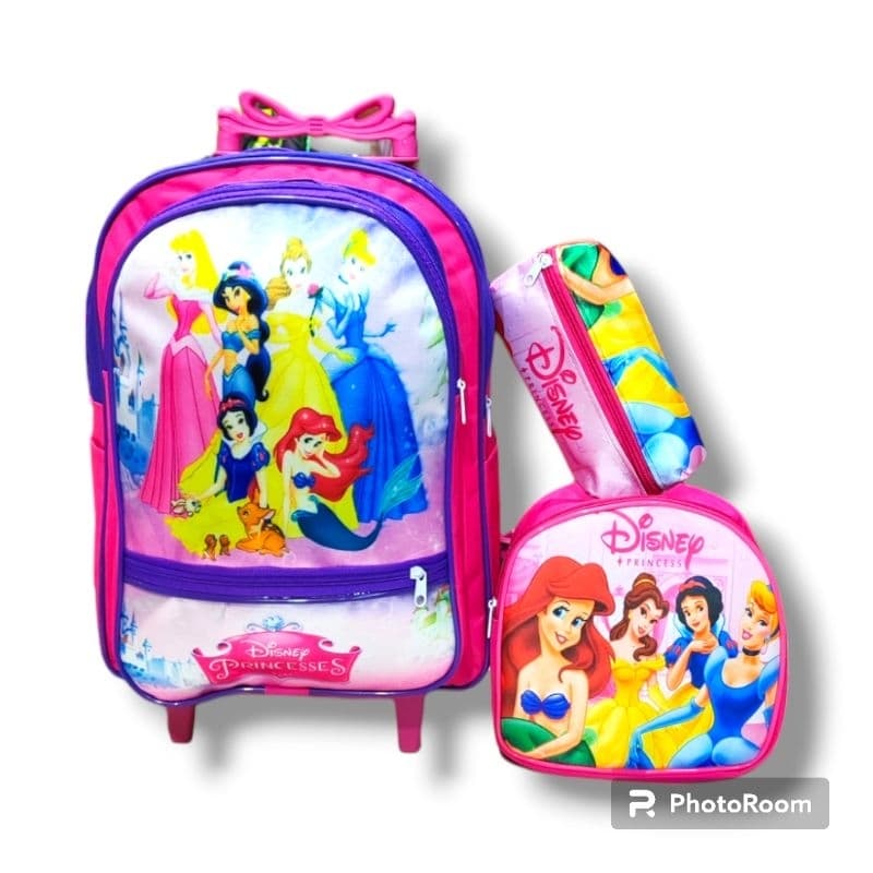 Kit Mochila Infantil Escolar com Rodinhas de Silicone de Menina Princesas + Lancheira + Estojo