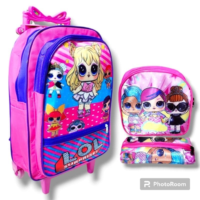 Kit Mochila Infantil Escolar com Rodinhas de Silicone de Menina Lol + Lancheira + Estojo