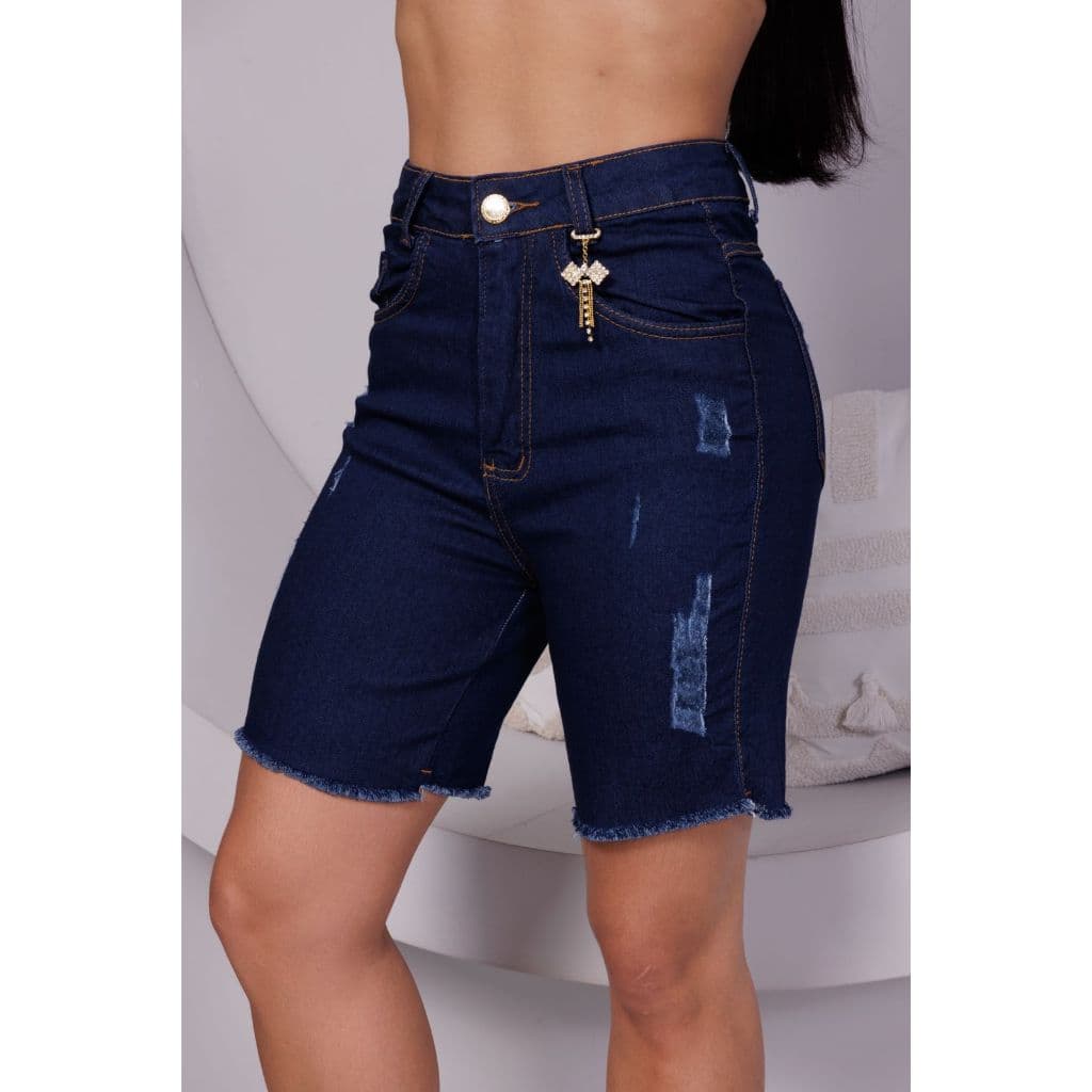 Bermuda Jeans Feminina Ciclista Cintura Alta Pingente Casual Conforto