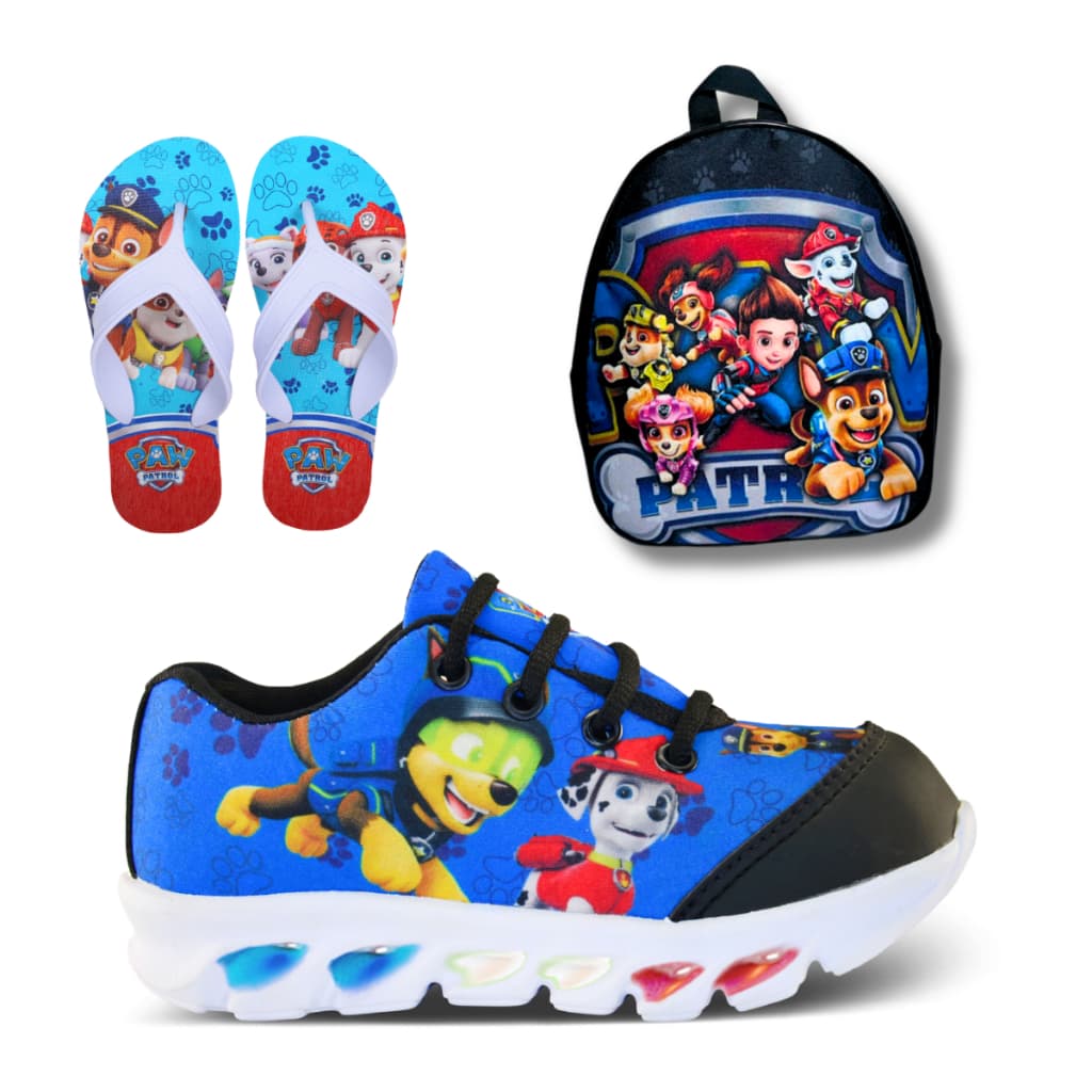 Tênis de Led Infantil Masculino Patrulha Canina Com Luzinha Mais Chinelo Com mochila presente natal