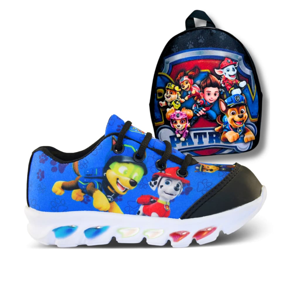 Tênis de Led Infantil Masculino Patrulha Canina com Luzinhas Meninos com Mochila presente natal