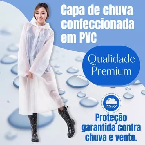 Capa de Chuva Grossa Longa Vinil Transparente com Capuz Impermeável Reutilizavel Shows Festas Eventos