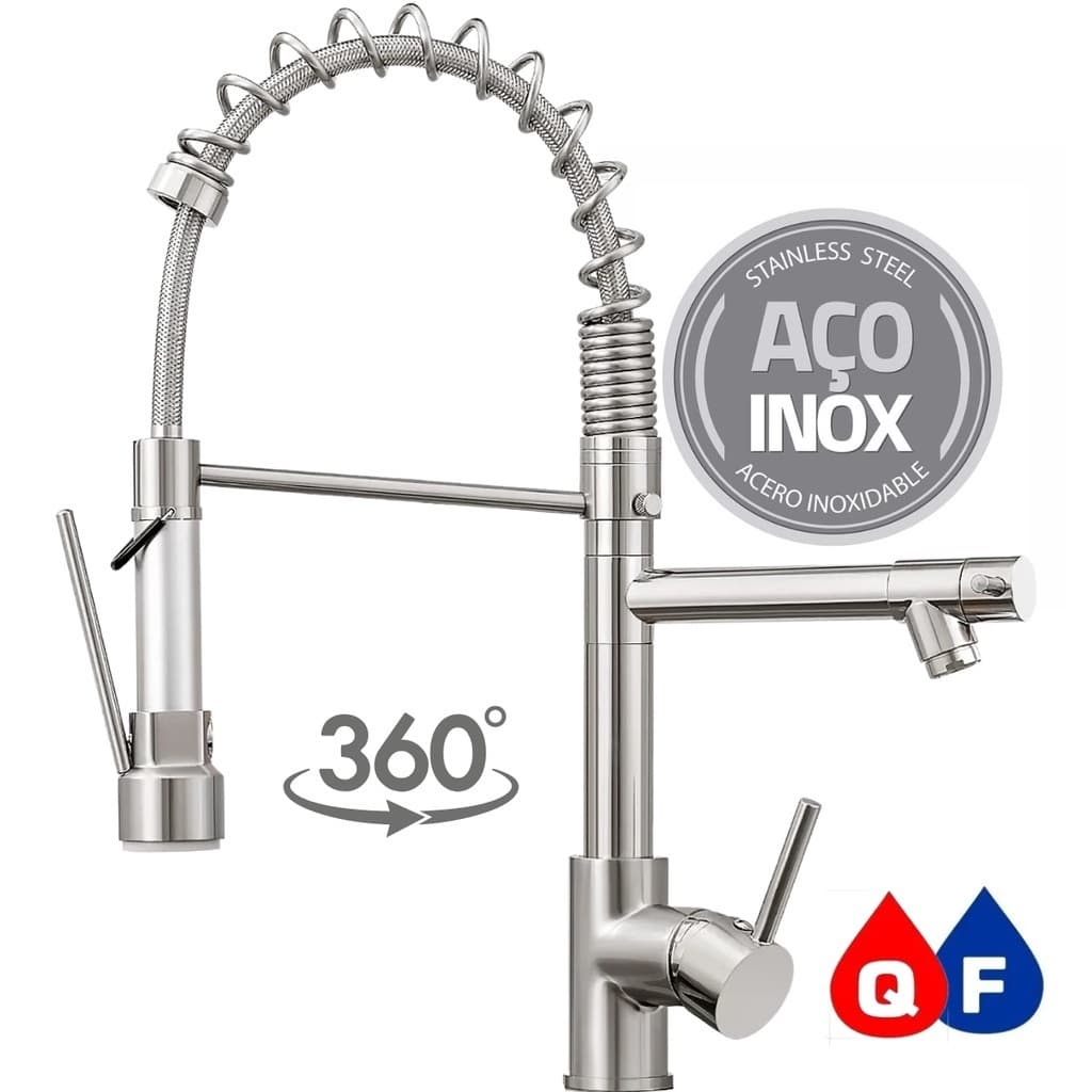 Torneira Cozinha Gourmet Inox Escovado Monocomando Com Spray Extensor Luxo Quente Fria Luxo 360