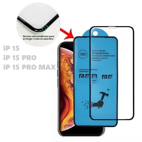 Película Premium Airbag iPhone 15 / 15 Pro / 15 Pro Max 3d com Bordas em Alto Relevo 18D