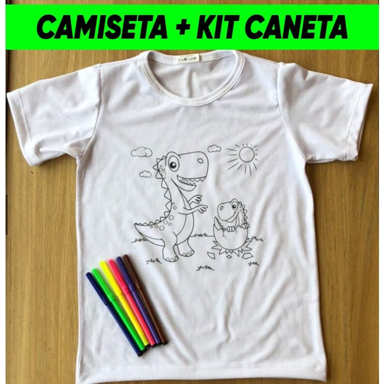 Camiseta Infantil para colorir - Camiseta + Kit 6 Canetinhas