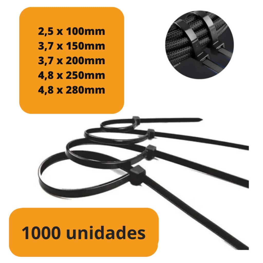 Kit 1000 Cinta Plastica Abracadeira Nylon Enforca Gato Preto Branco - Várias Medidas