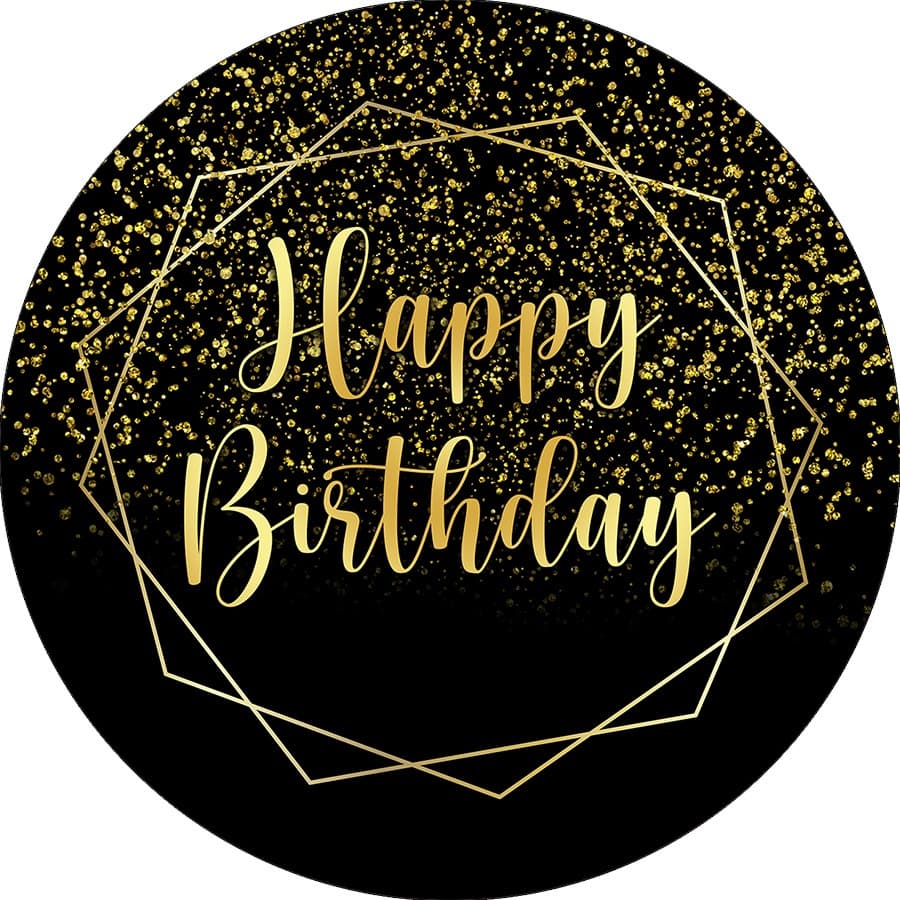Painel de Festa Redondo em Tecido Happy Birthday Dourado Efeito Glitter 036