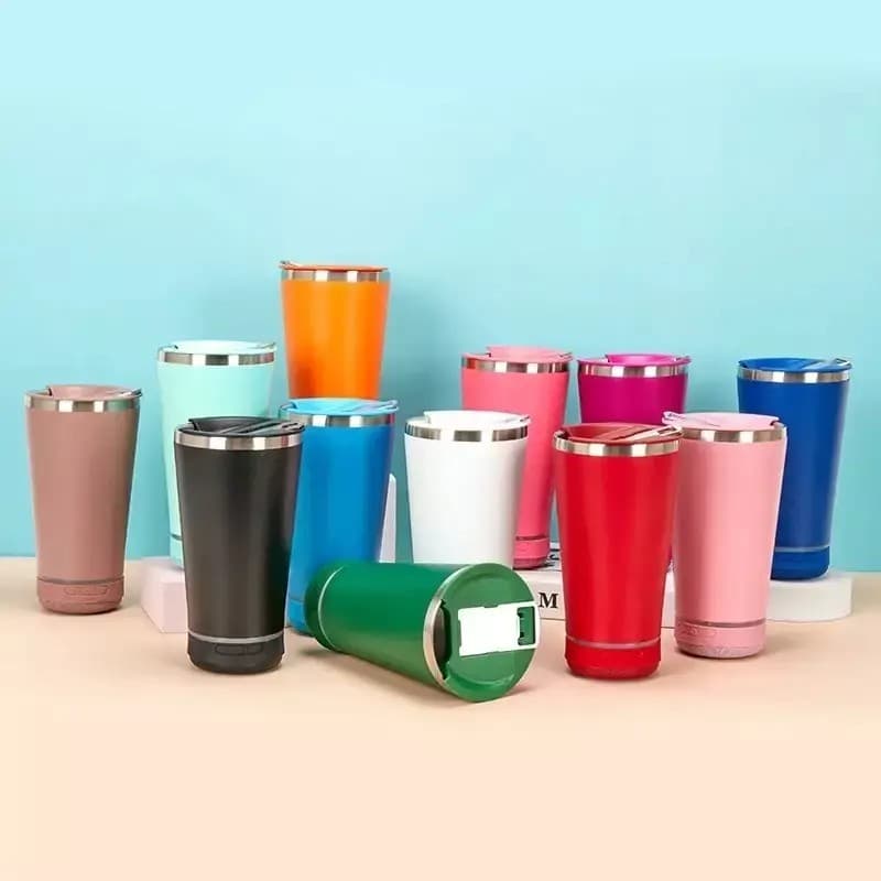 Copo Térmico Com Tampa Abridor E Caixa Som Bluetooth 420ml Led