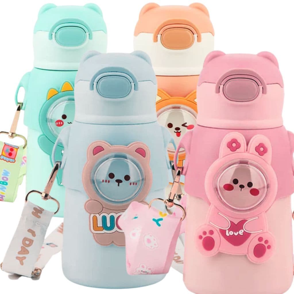 Garrafinha Infantil Animais Canudo Silicone Inox Térmica trava Luck