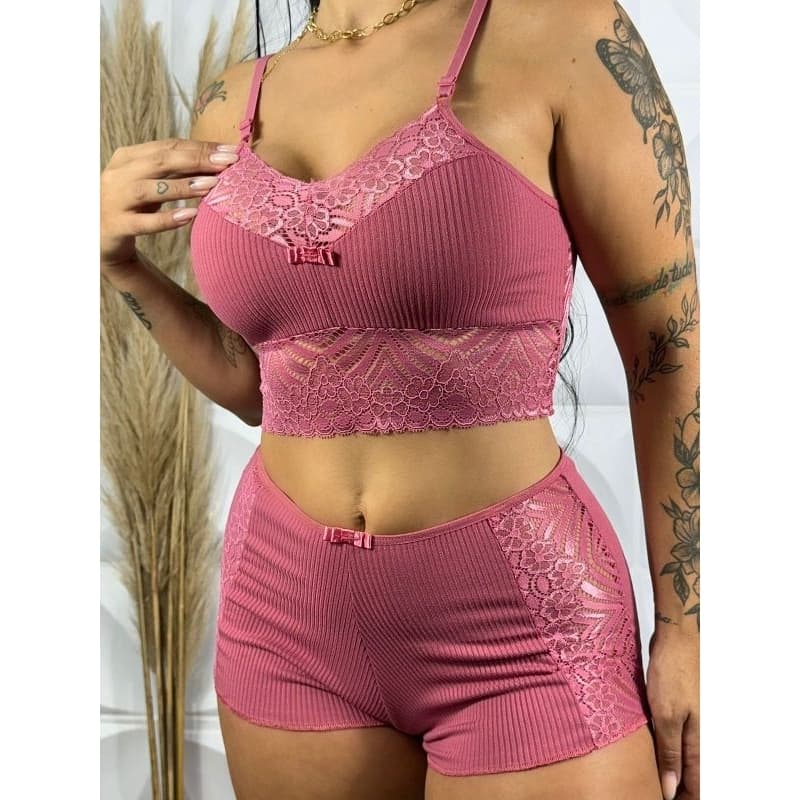 Pijama Baby Doll Short Doll Blogueirinha Shortinho Canelado Roupa de dormir Fresquinha Verão