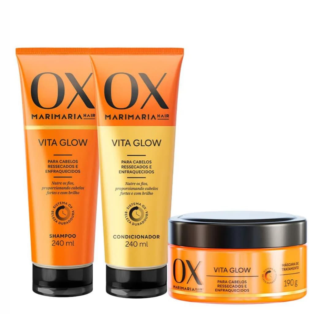 Kit Ox Mari Maria Hair Vita Glow C/3 Cronograma Nutrição Shampoo Condicionador Mascara de Tratamento