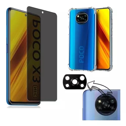 KIT Para Poco X3 | Película de Privacidade 3D - Capa Capinha Anti Impacto - Película da Câmera 3D