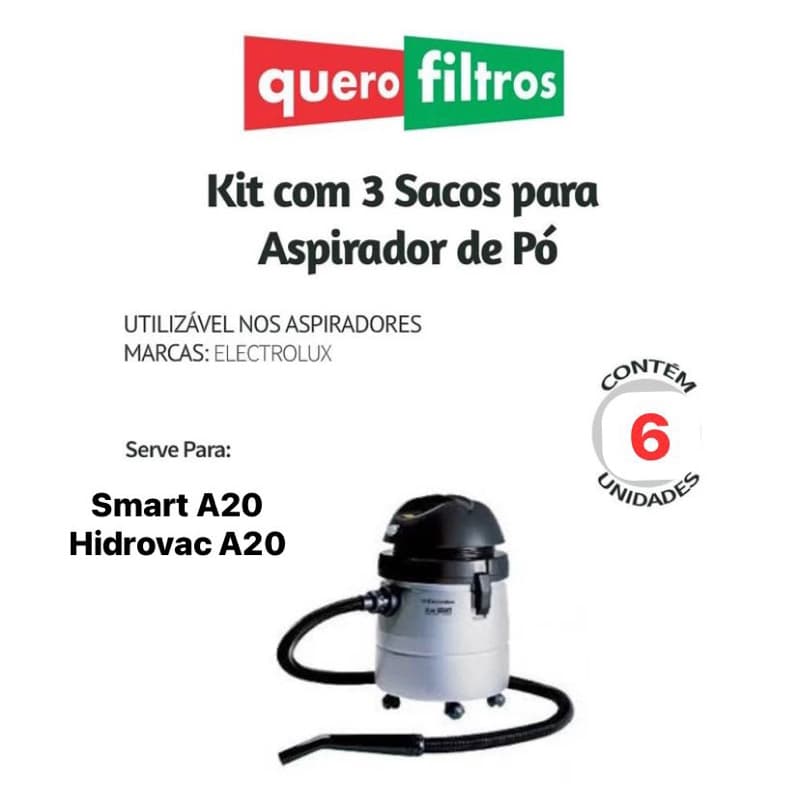 06 SACOS PARA ASPIRADOR DE PÓ ELECTROLUX SMART A20 - Hidrovac A20  - Electrolux A20