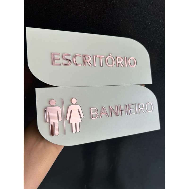 Placa de sinalização Escritório Banheiro acrílico espelhado e MDF