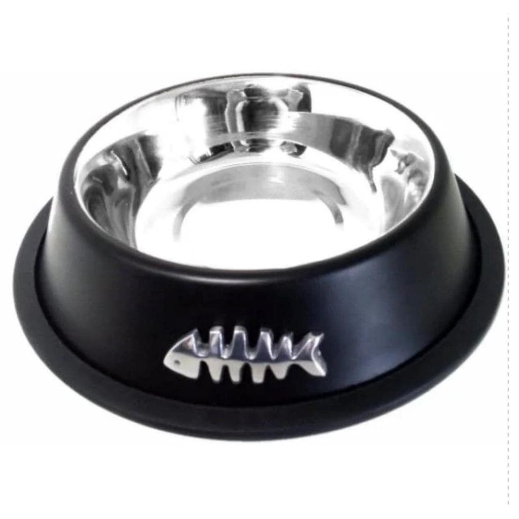 COMEDOURO E BEBEDOURO AÇO INOX BLACK CAT PARA GATOS EM INOX PRETO DECORADO 300ml