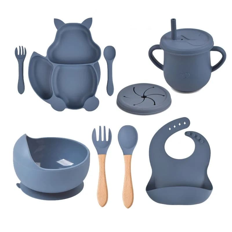Conjunto Introdução Alimentar Prato de Silicone Com Ventosa Bowl Copo Talheres Garfo Colher Babador