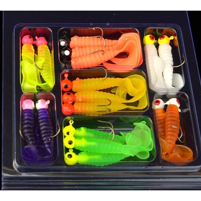 KIT COM 17 SOFT GRUB + 17 ANZÓIS JIG HEAD - ISCA ARTIFICIAL SOFT GRUB COM ANZOL JIG HEAD PARA PESCA