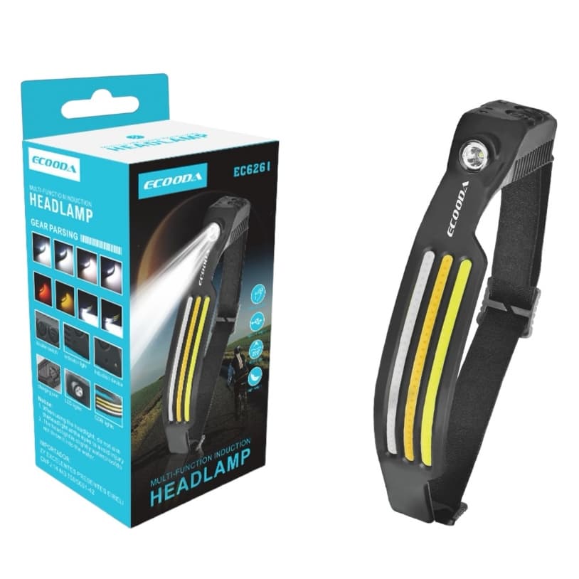 Lanterna De Cabeça Triplo Led C/Sensor De Movimento Recarregavel Com 3 Fita De Led