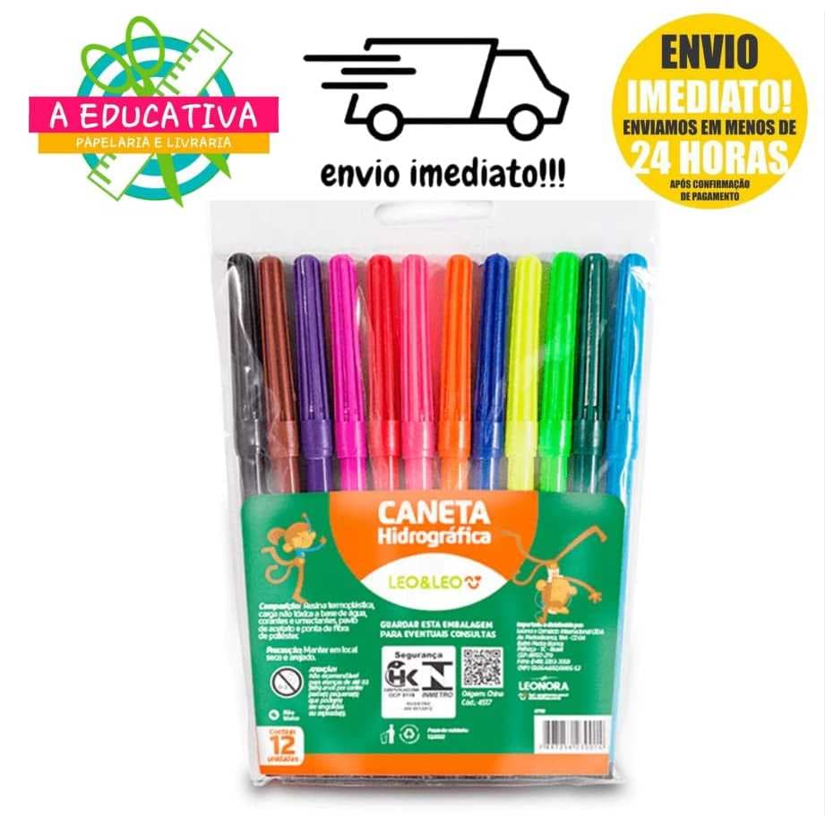 kit Canetinha Hidrográfica 12 cores Ponta Redonda