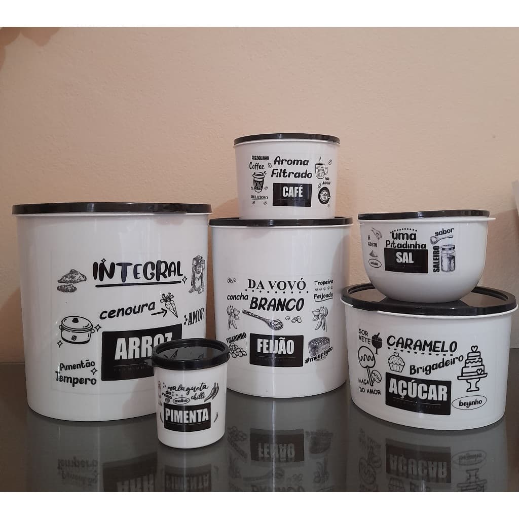 Conjunto Potes Porta Mantimentos 6 peças Decorado em Plástico com Tampa