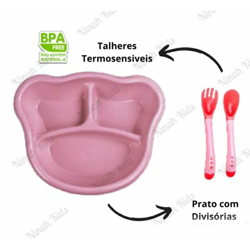 Pratinho com Divisórias  + Talheres Termosensíveis Alimetação Bebe Introdução Alimentar Prato Papinha Ursinho