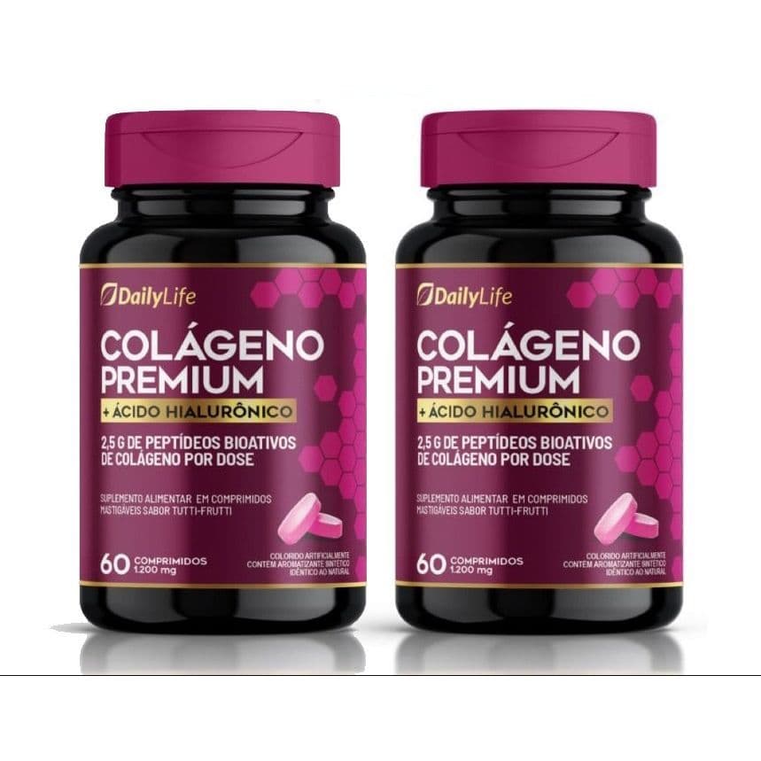 2X Colágeno Premium com Ácido Hialurônico 60 comp 1000mg Mastigável sabor tutti frutti
