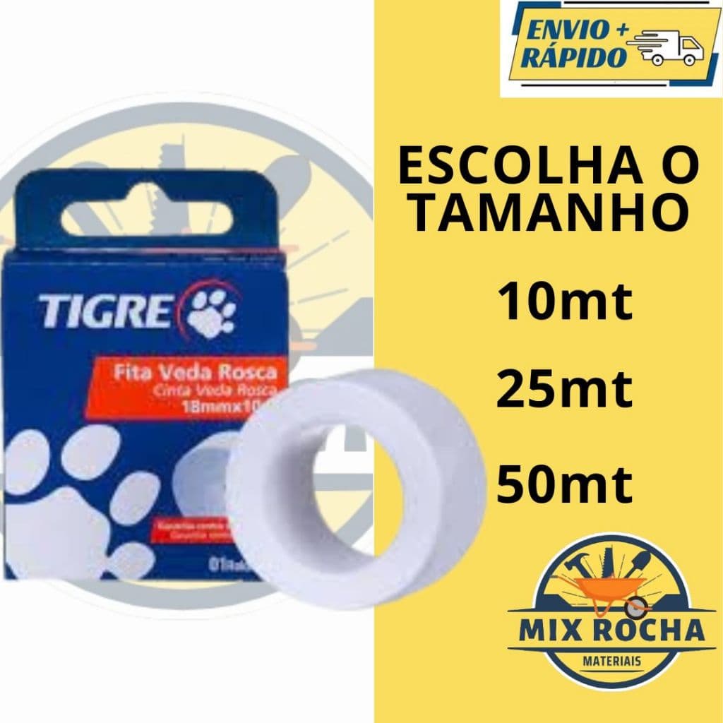 Fita Veda Rosca teflon para Torneiras e Hidráulica em geral 18mm x 10mt, 25mt ou 50mt - Tigre