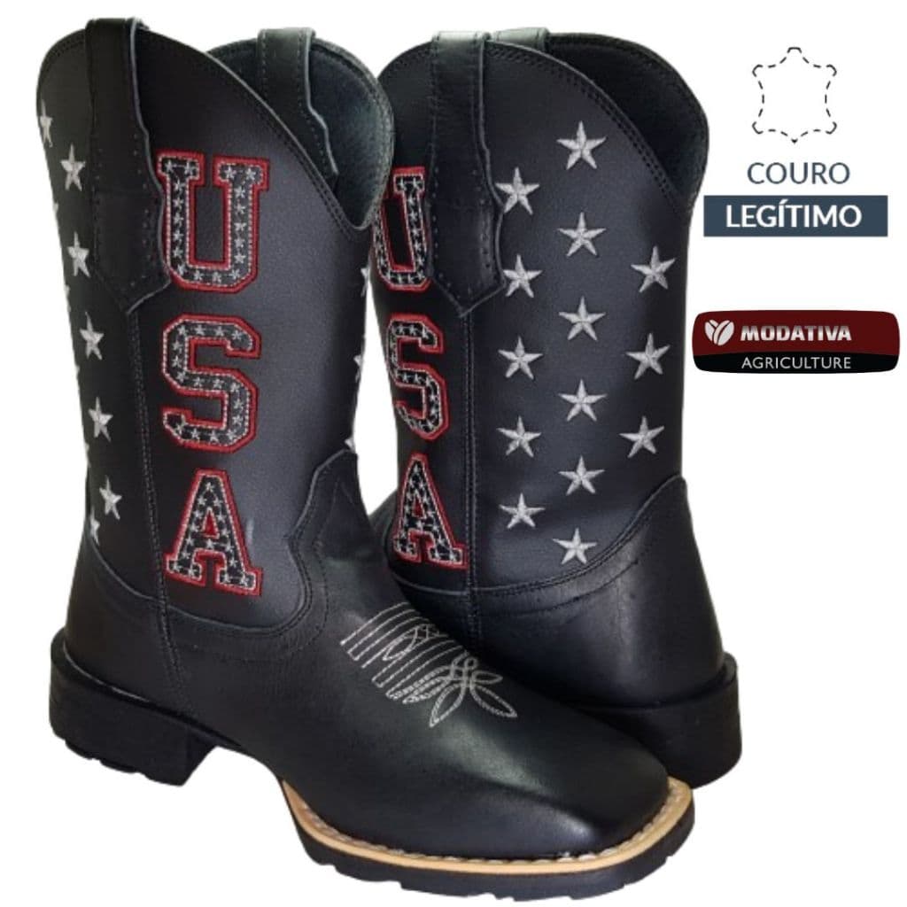 Bota Country Texana Couro Cano Longo Bico Quadrado Rodeio Montaria Vaquejada Masculina e Feminina - Bordada Bandeira Estados Unidos- Pronta Entrega