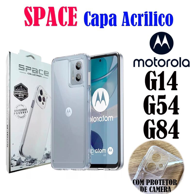 Capinha Space Acrílico Transparente Motorola G05/G14/G15/G22/G35/G34/G54/G85/G55/G75/G84/G04/G24 Protetora Anti Amarelo
