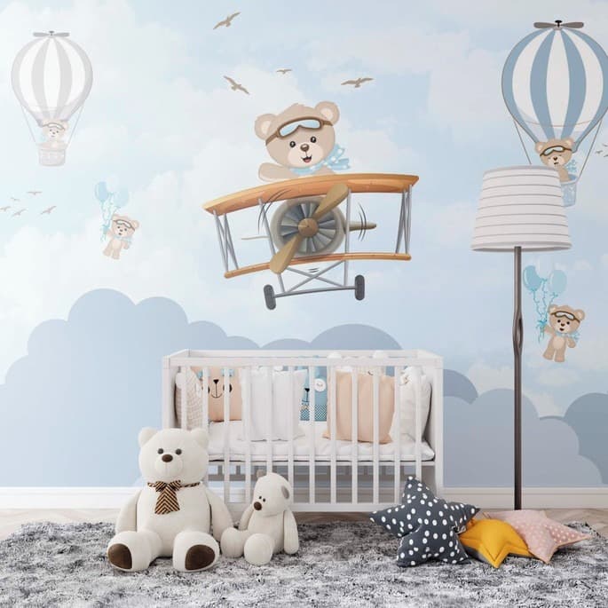 Papel de parede infantil lavável fosco urso aviador azul (metro quadrado) Algidecor