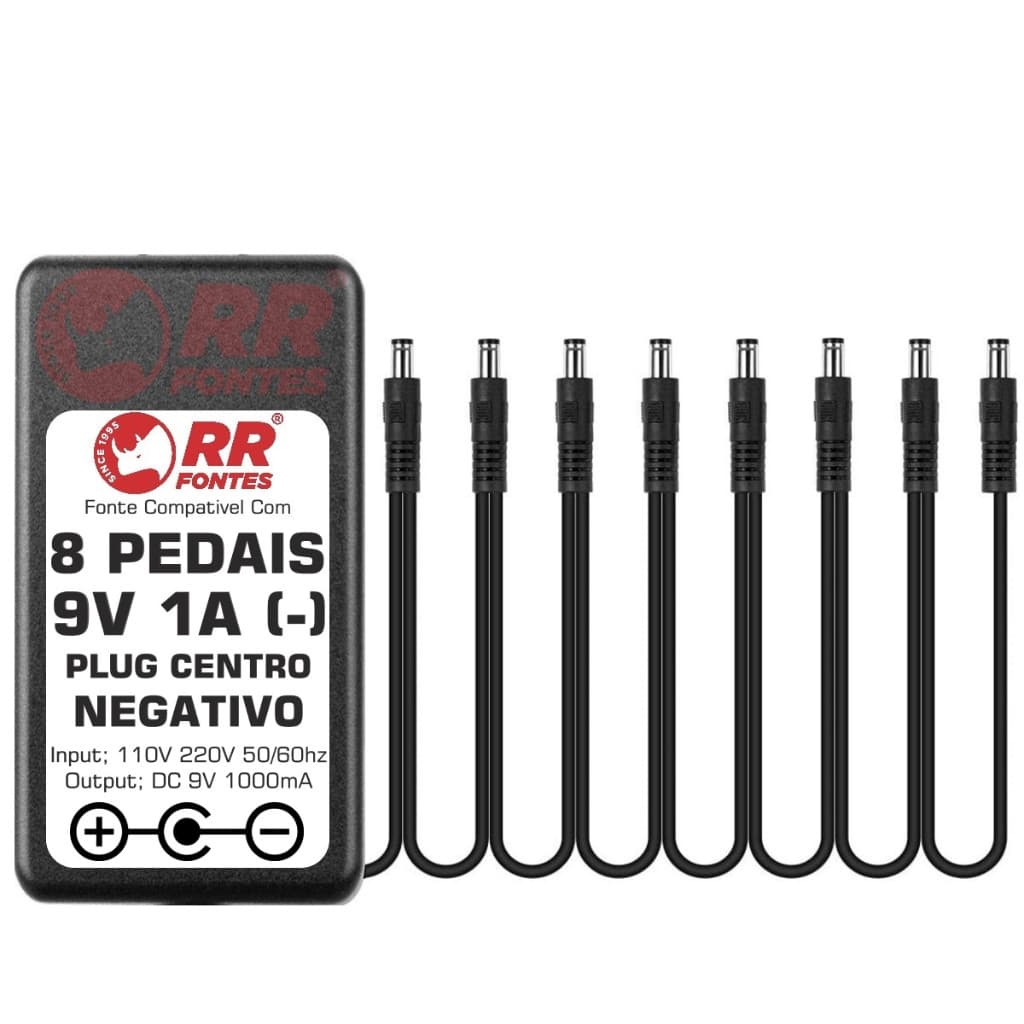 Fonte DC 9V 1A Para 8 Pedais, Multi Pedal