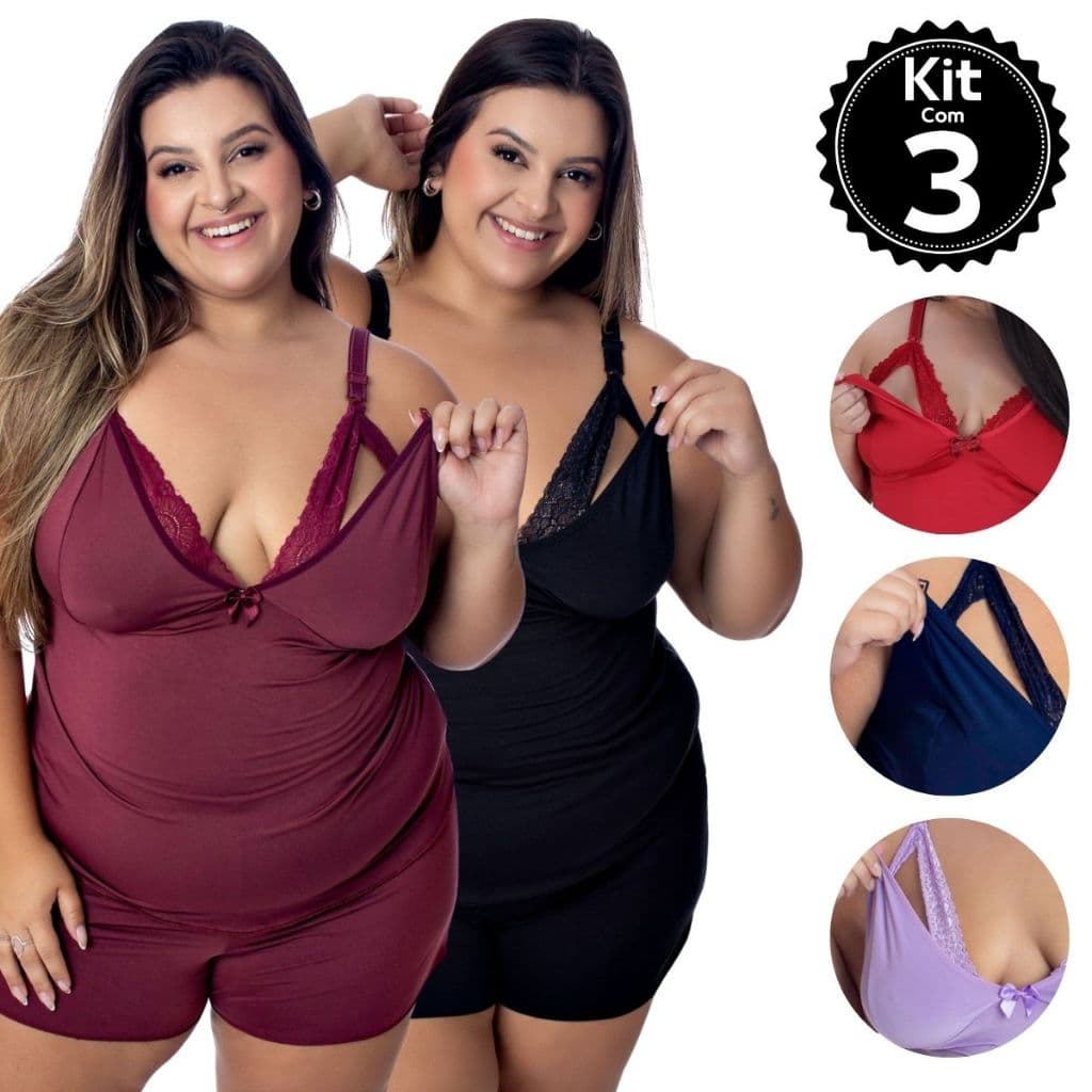 Kit 3 Baby Doll Amamentação Plus Size Pijama Gestante Maternidade pós parto abre fácil