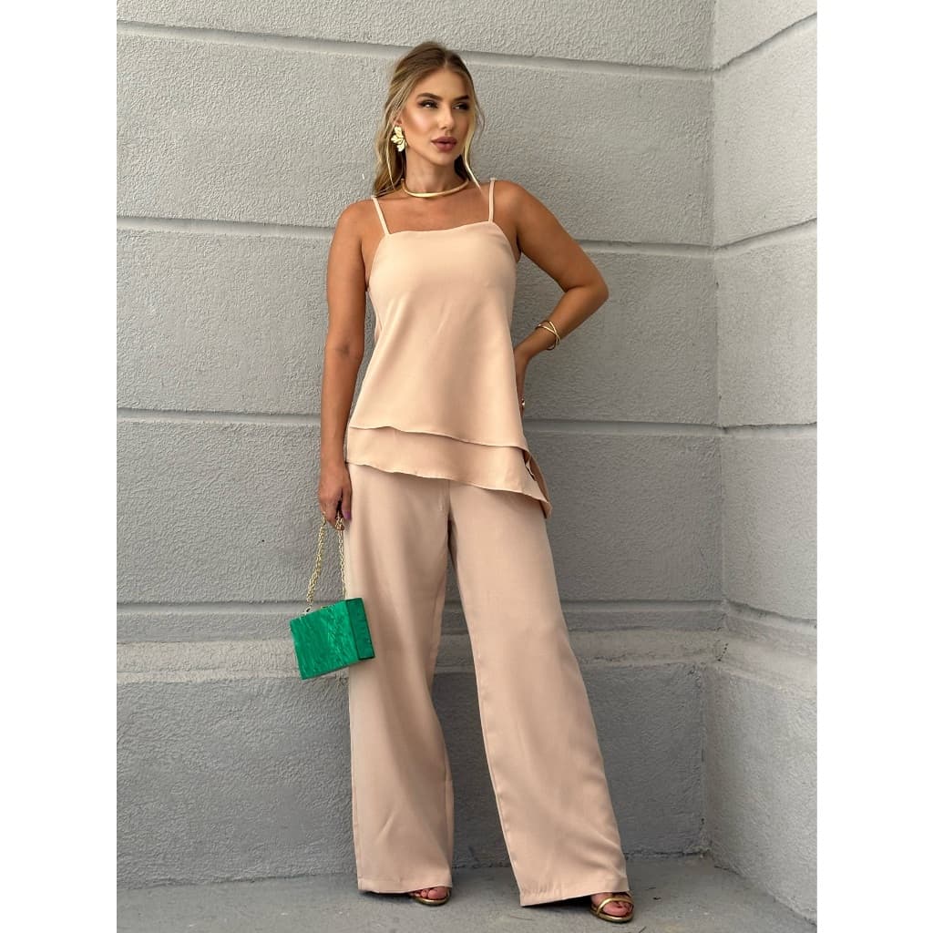 EMILI Conjunto Tunica Calça Pantalona e Blusa Regata Bata/Alcinha Regualar/Pantalona/ Ziper e Botões/ Bata Fenda - S783
