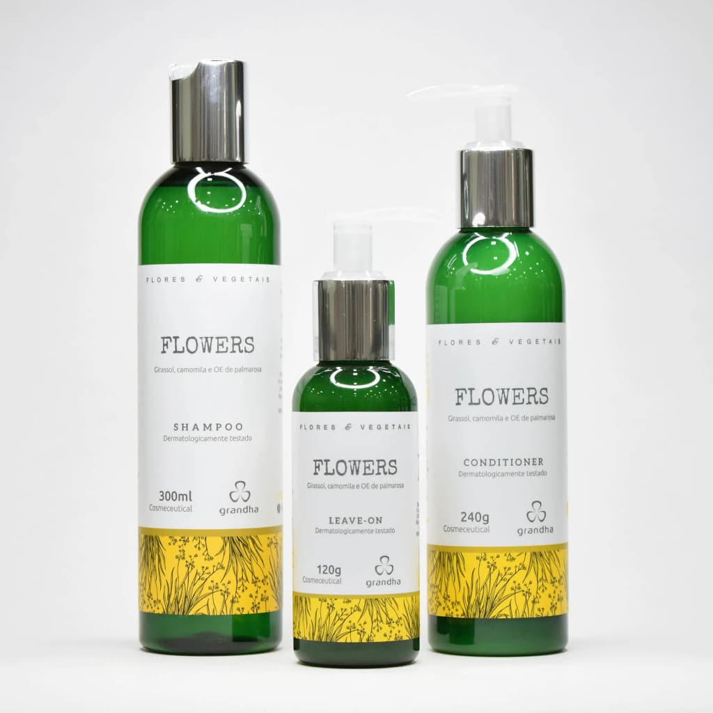 Kit Flowers - Flores & Vegetais Cabelos Finos e Delicados - Shampoo + Condicionador + Leave-on