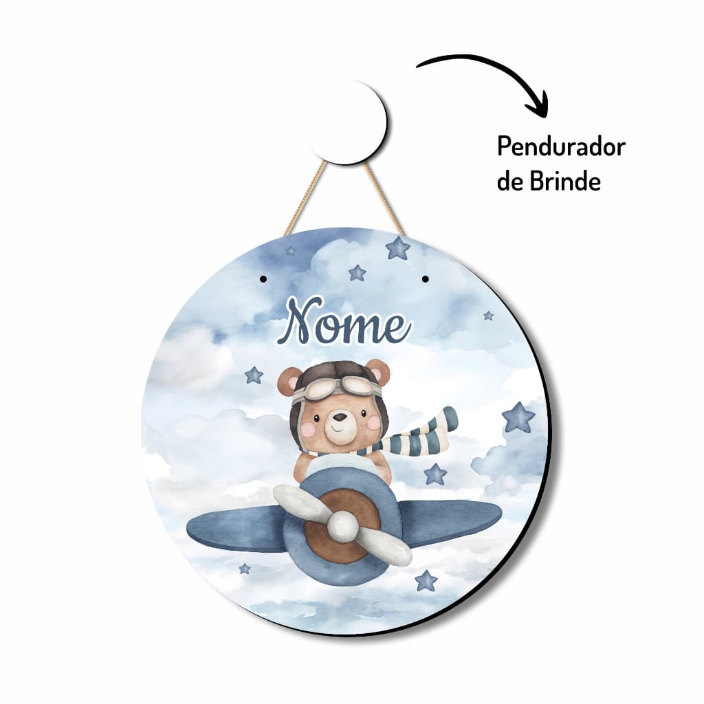 Enfeite Porta Maternidade Ursinho Aviador placa flâmula redonda com NOME PERSONALIZADO Bebê
