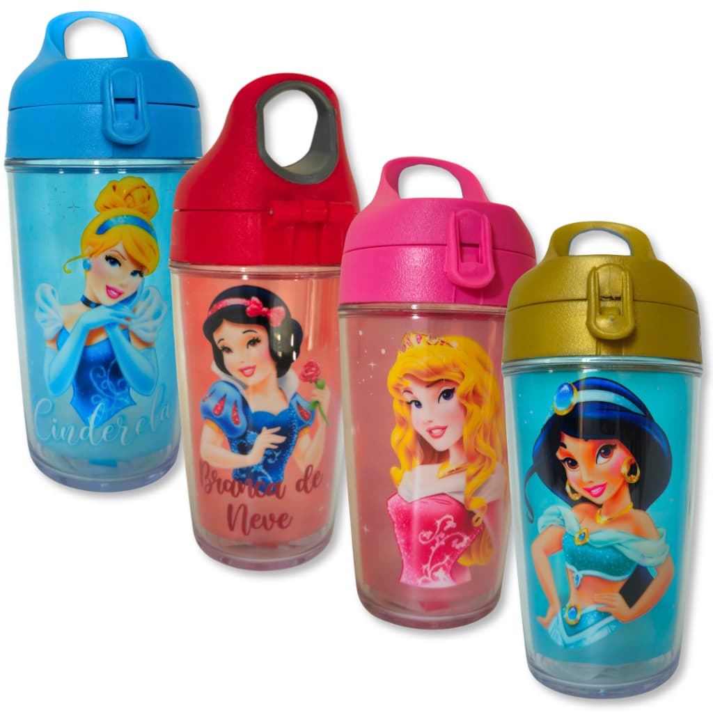 Garrafa Squeeze Agua Infantil Adulto Princesas Escola Academia Menina Menino Feminina Masculina Criança Esporte com bico