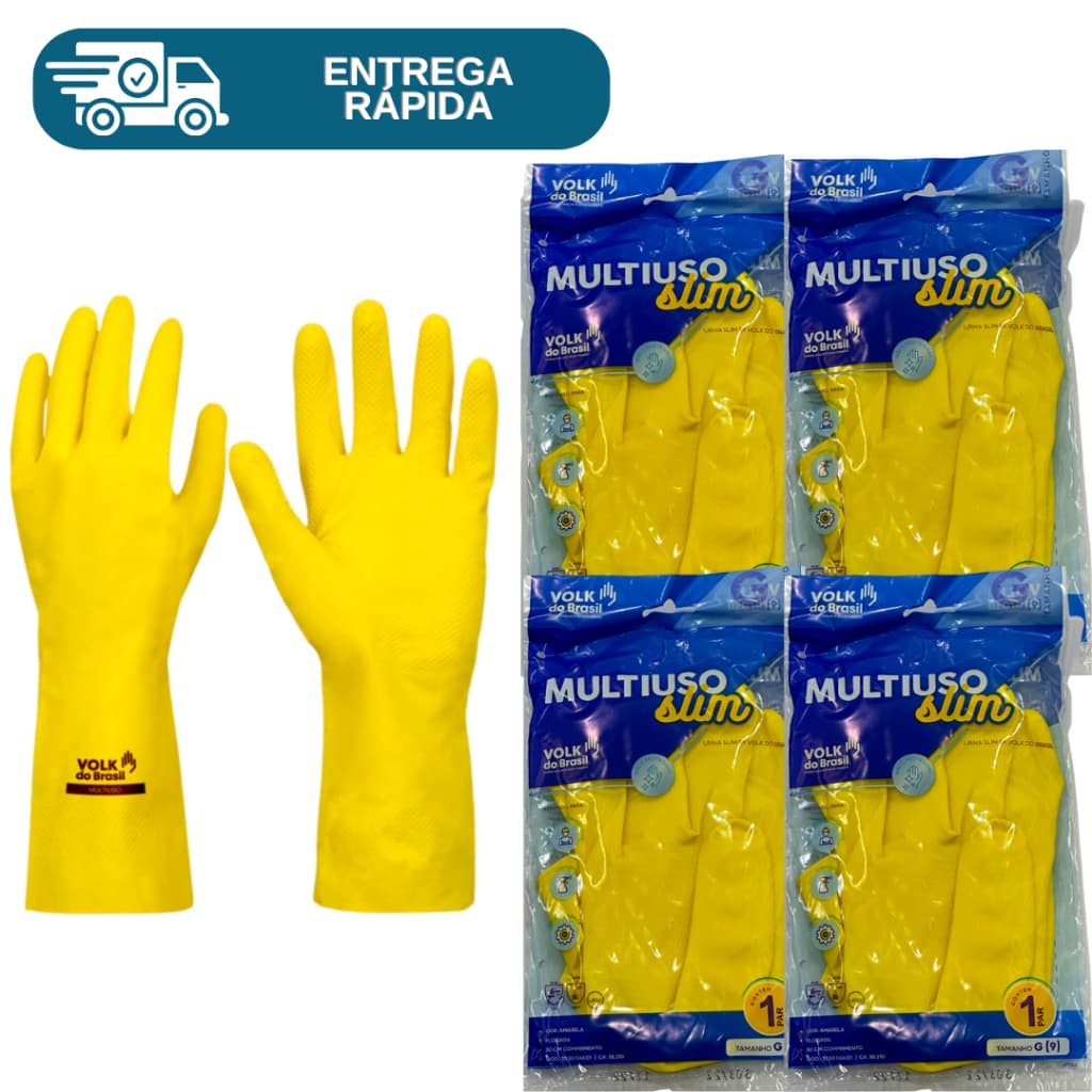 Kit 4 Prs Luva De Latex Amarela Multiuso Forrada Antiderrapante Impermeável Para Limpeza Louça Faxina Jardinagem Volk