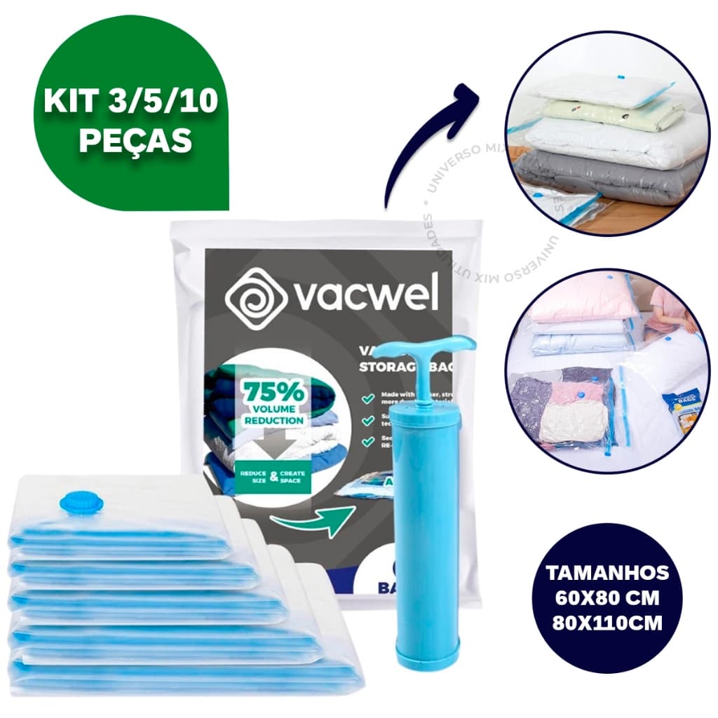 Kit Saco a Vacuo + Bomba Manual Organização de Roupas Mala Viagem Guarda Roupas Premiun