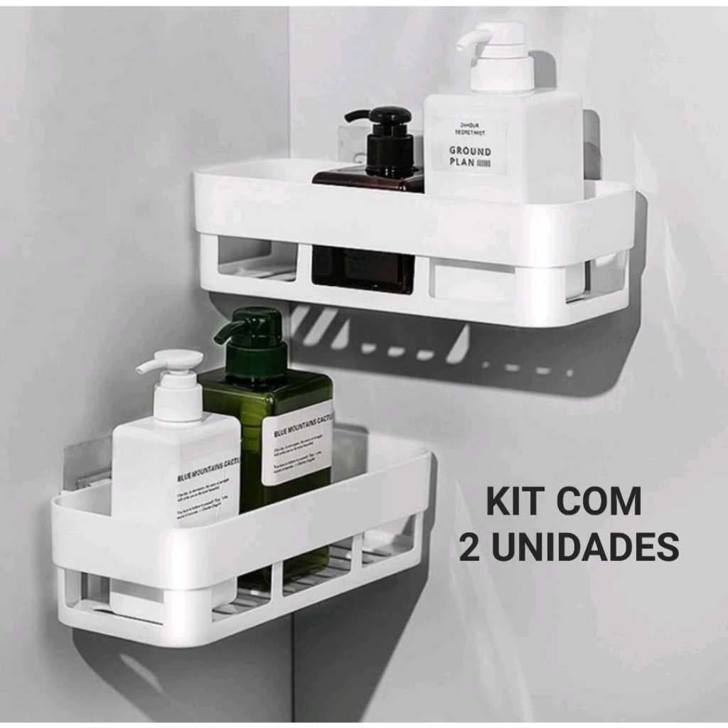 Kit Com 2 Prateleira Suporte Organizador Cozinha Banheiro Plástico Com Adesivo