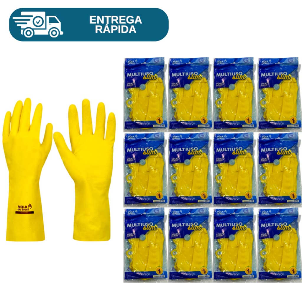 Kit 12 Prs Luva De Latex Amarela Multiuso Forrada Antiderrapante Impermeável Para Limpeza Louça Faxina Jardinagem Volk