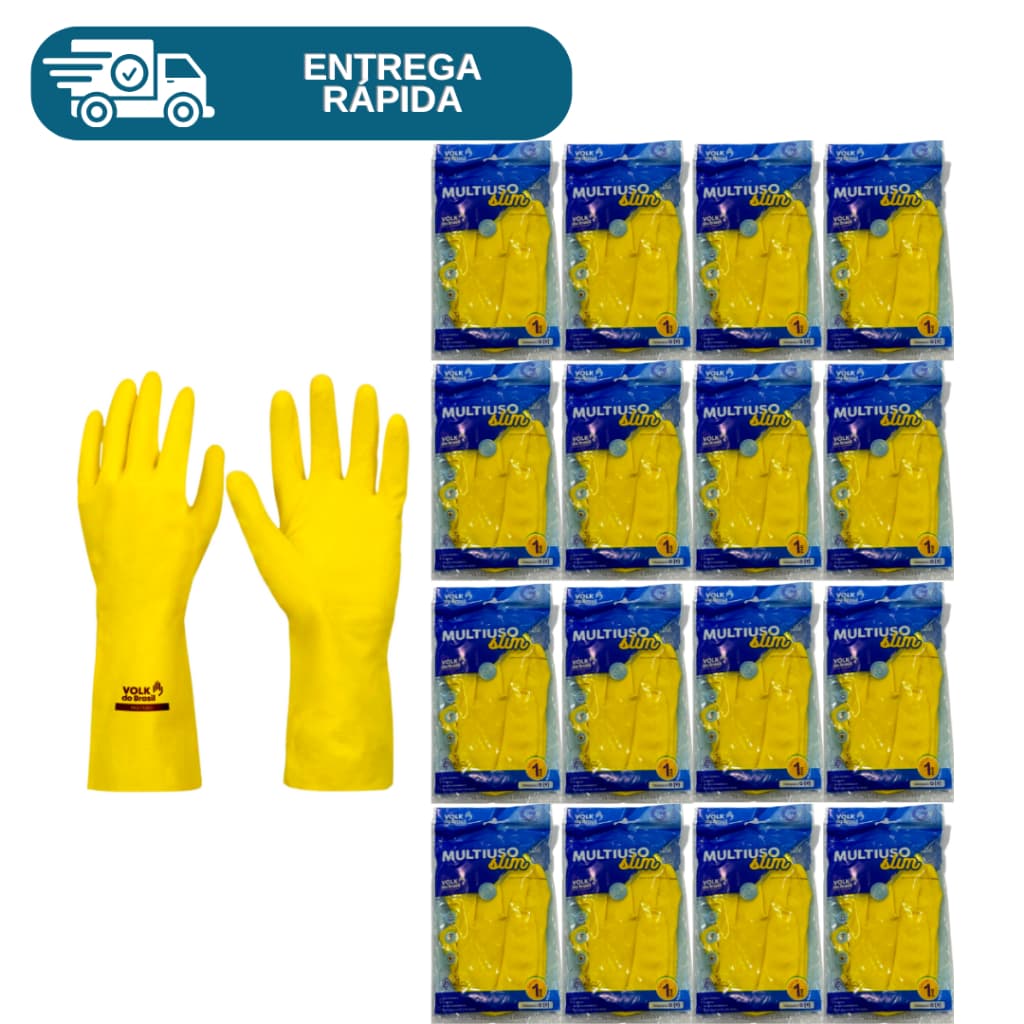 Kit 40 Prs Luva De Latex Amarela Multiuso Forrada Antiderrapante Impermeável Para Limpeza Louça Faxina Jardinagem Volk
