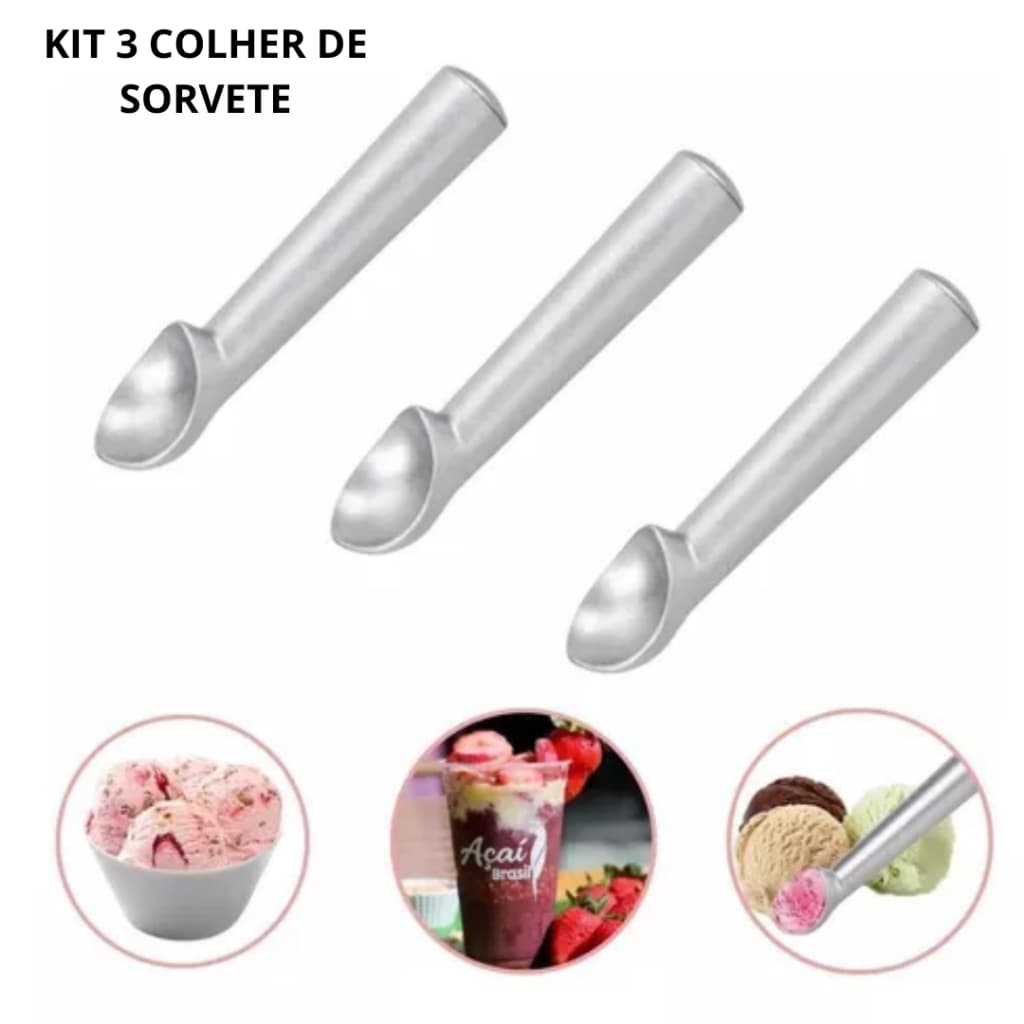 kit 3 Colheres Para Sorvete e Açaí Bola Profissional Grande Aluminio