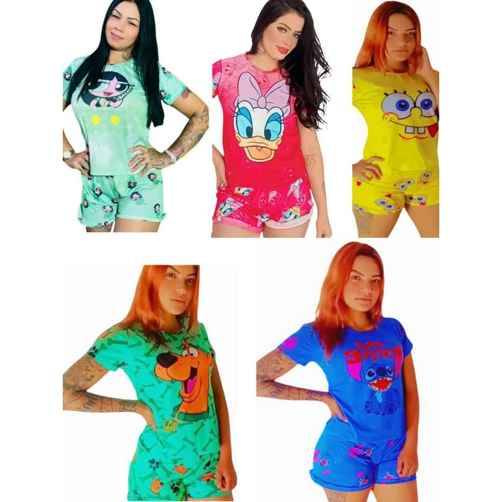Pijama Feminino verão personagens luxo curto baby doll