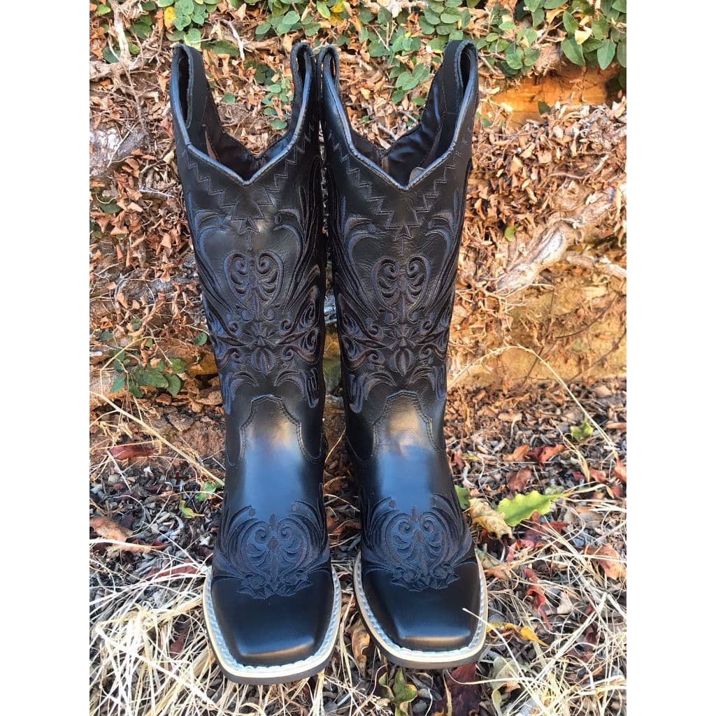 Bota Botina Country Texana Feminina Em Couro Bico Quadrado Bordada