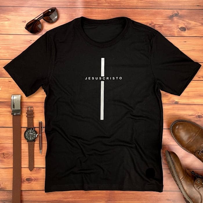 Camiseta Masculina Cruz Prata Jesus Cristo Regular Fit Algodão Premium Gospel Cristã Evangélica