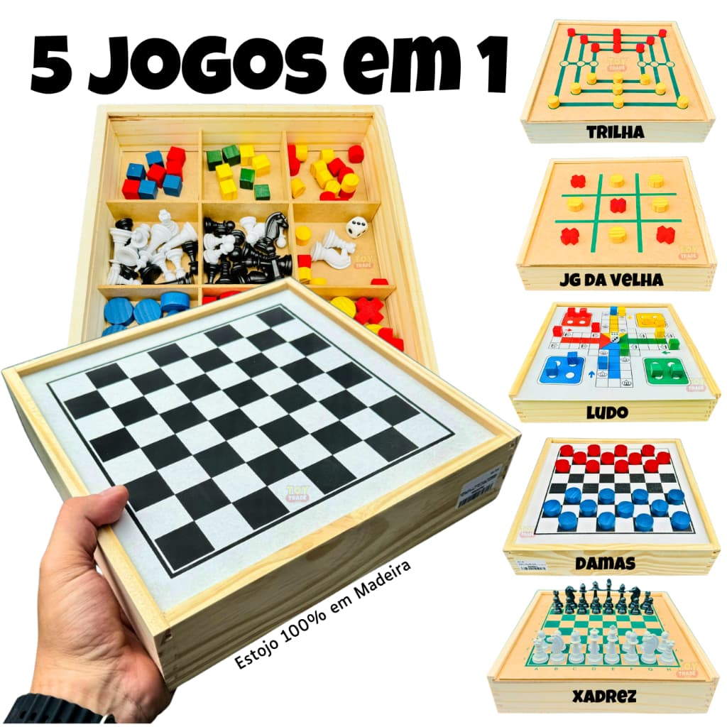 Jogo de Tabuleiro 5 em 1 em Madeira Premium Xadrez Dama Ludo Trilha Velha Educativo Toy Trade