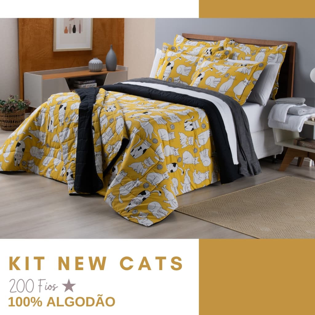 KitCobre Leito Casal Queen  New Cats 3 Peças 200 Fios 100% Algodão
